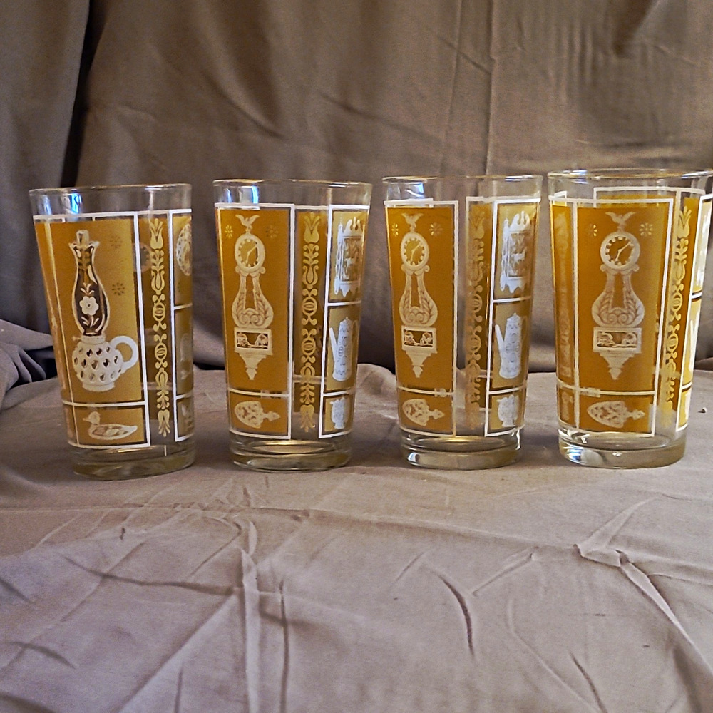 Vtg Libbey Highball Glasses Set 4 Gold White Pioneer Colonial Motif Tumblers 5"